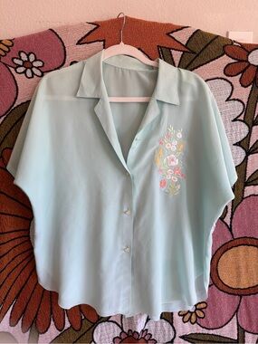 Vintage French Light Blue Embroidered Short Sleeve Button-Up Top